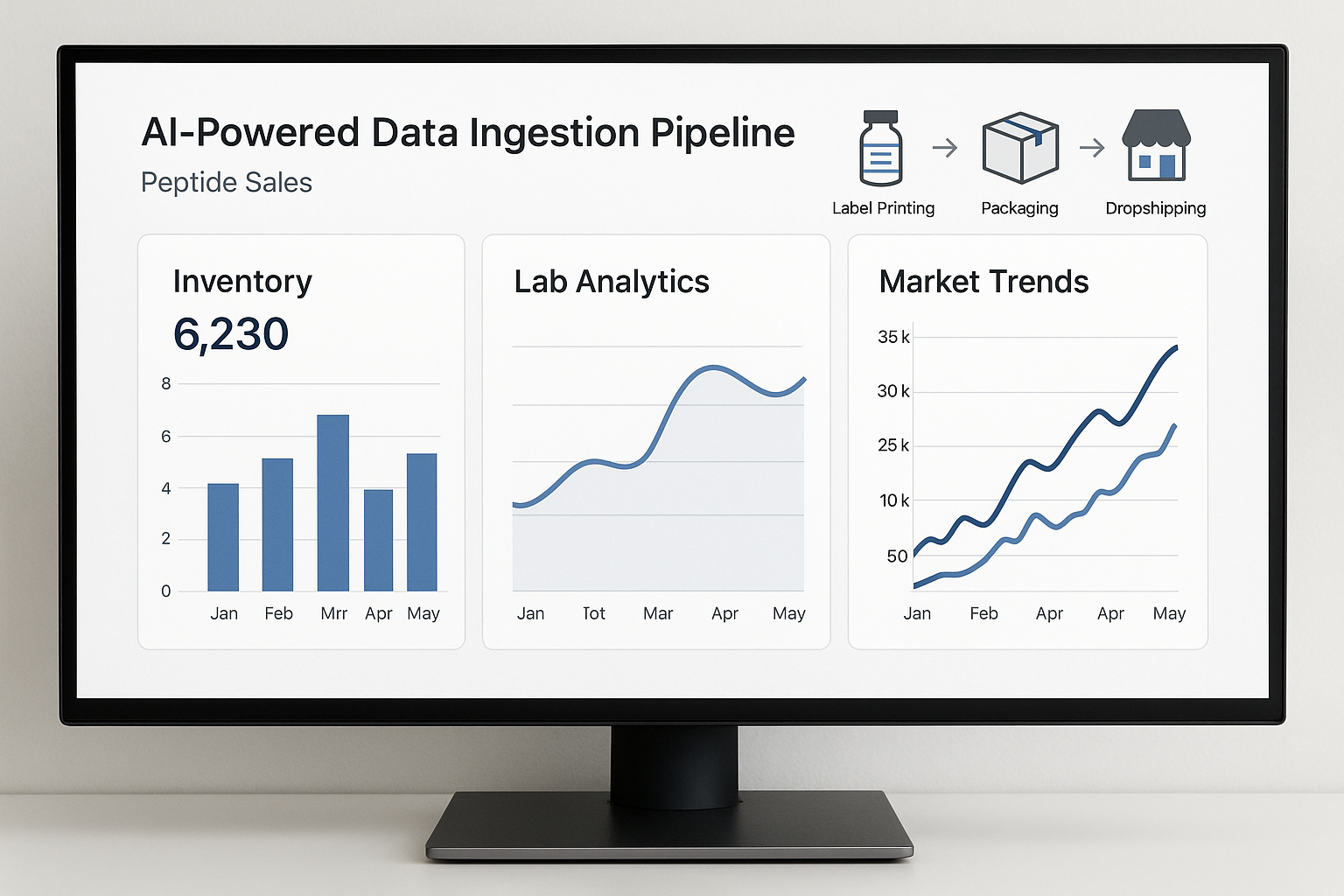 AI‑driven peptide marketing dashboard showing inventory, forecasts, and pricing metrics