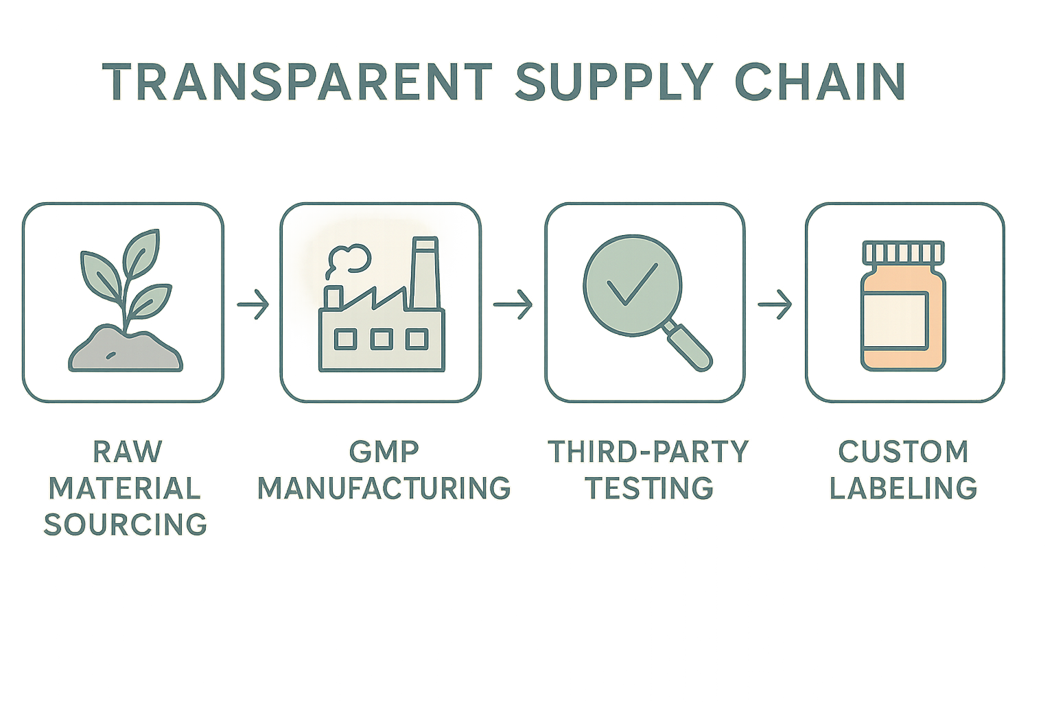 Infographic illustrating the five stages of a transparent peptide supply chain