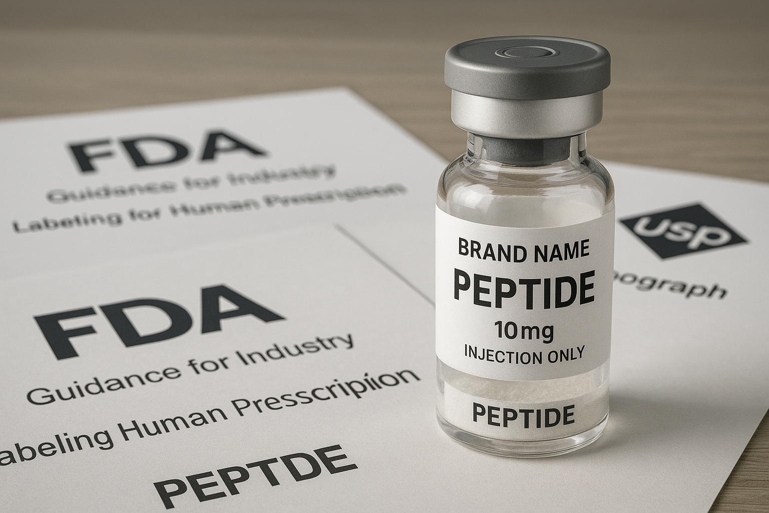 Compliant white‑label peptide bottle surrounded by FDA guidance documents