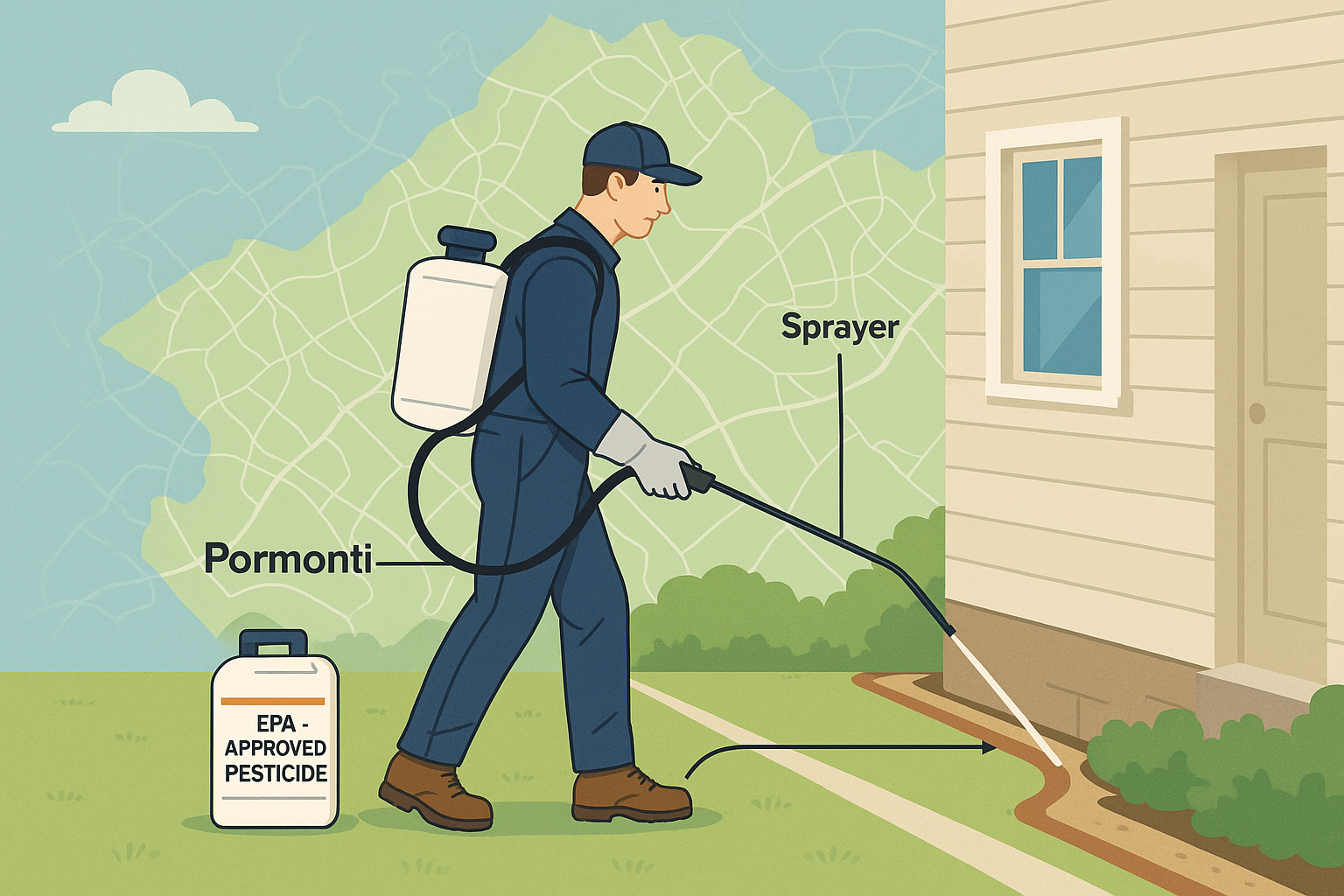 Technician applying a perimeter pesticide treatment around a house