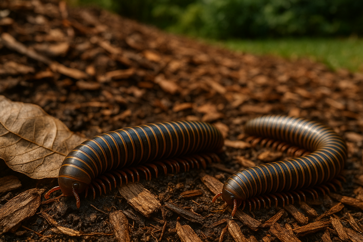 Close‑up view of millipedes crawling on garden mulch