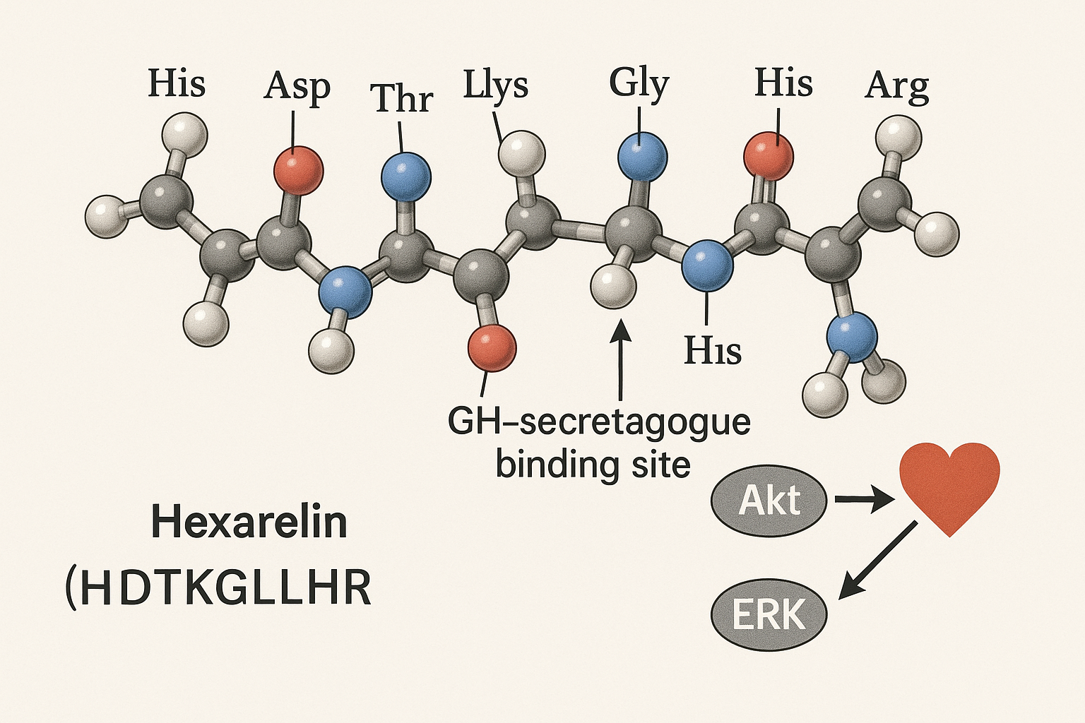 Molecular diagram of Hexarelin highlighting each residue and its interaction site on the GHS‑R1a receptor