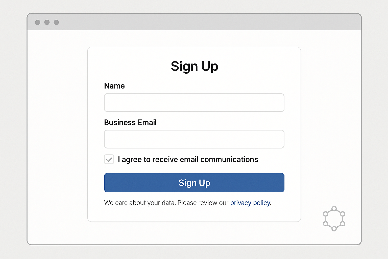 Annotated diagram of a compliant email signup form highlighting fields, double-opt-in checkbox, privacy notice, and FDA disclaimer