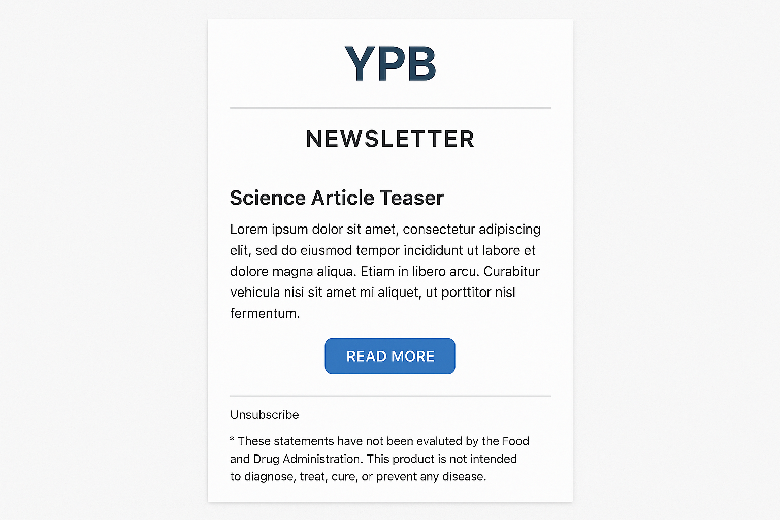 Annotated mockup of a YPB newsletter layout showing header, teaser, CTA, and footer sections