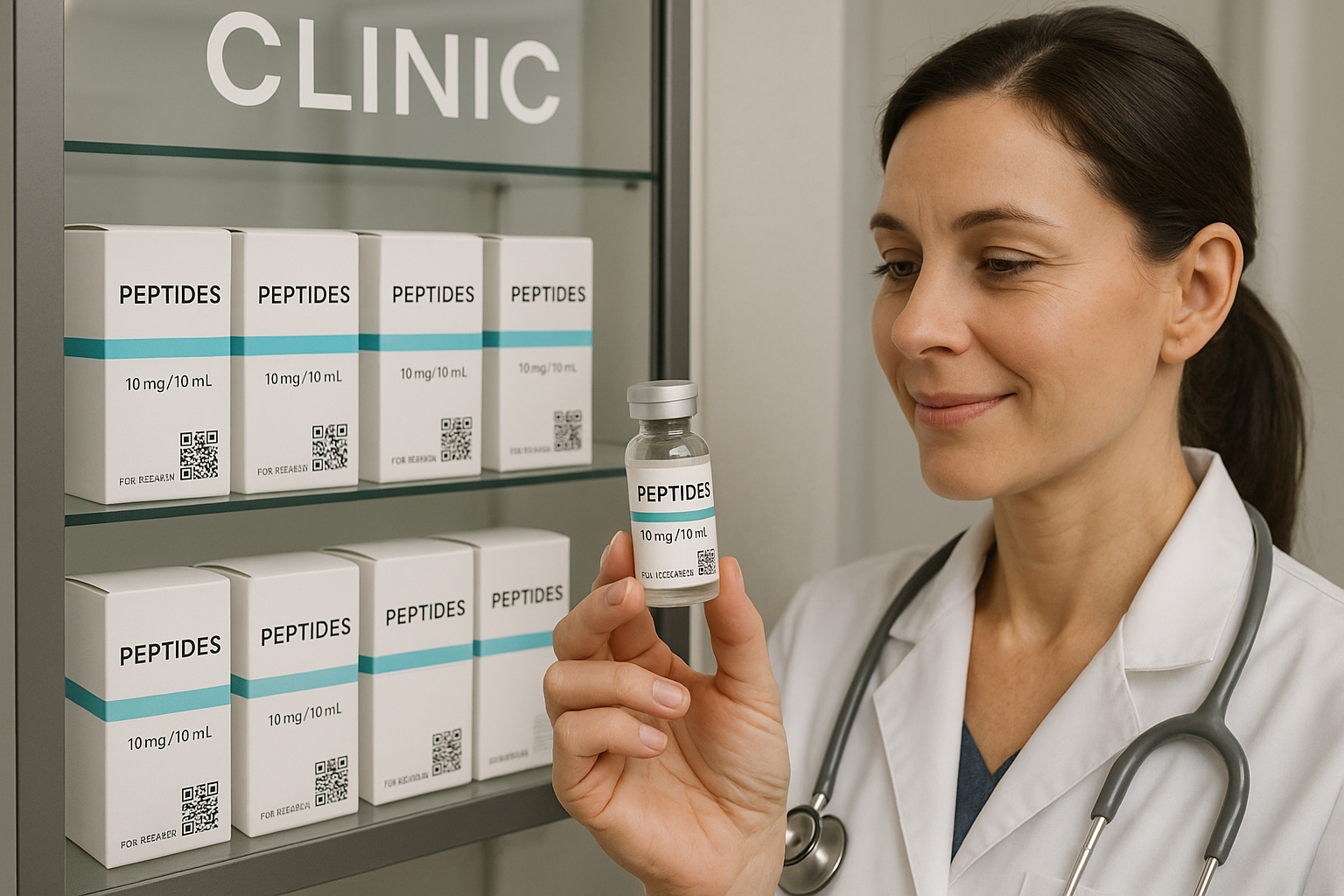 Illustration of a clinic storefront with peptide shelves