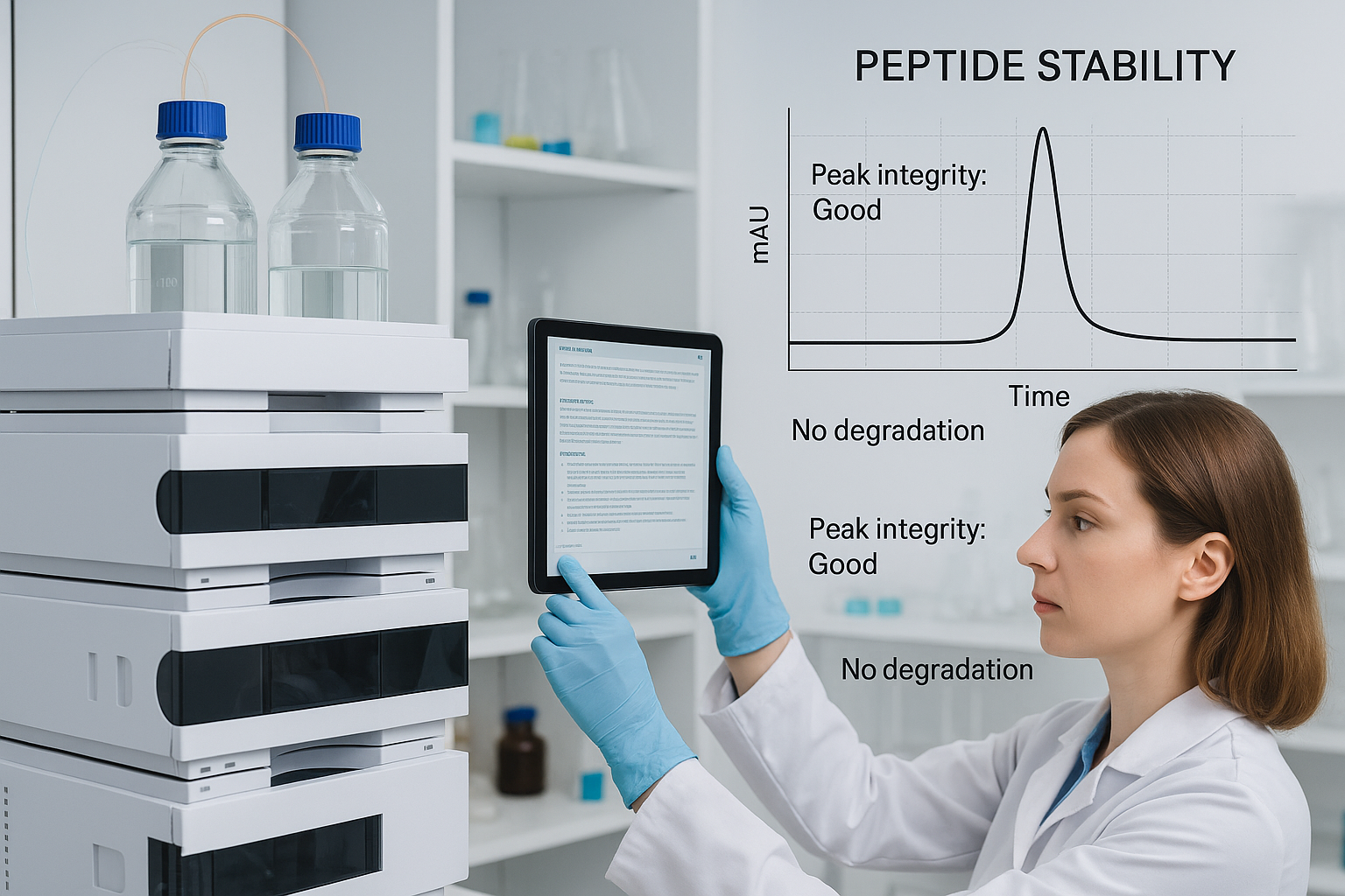 Technician recording peptide stability data next to an HPLC instrument