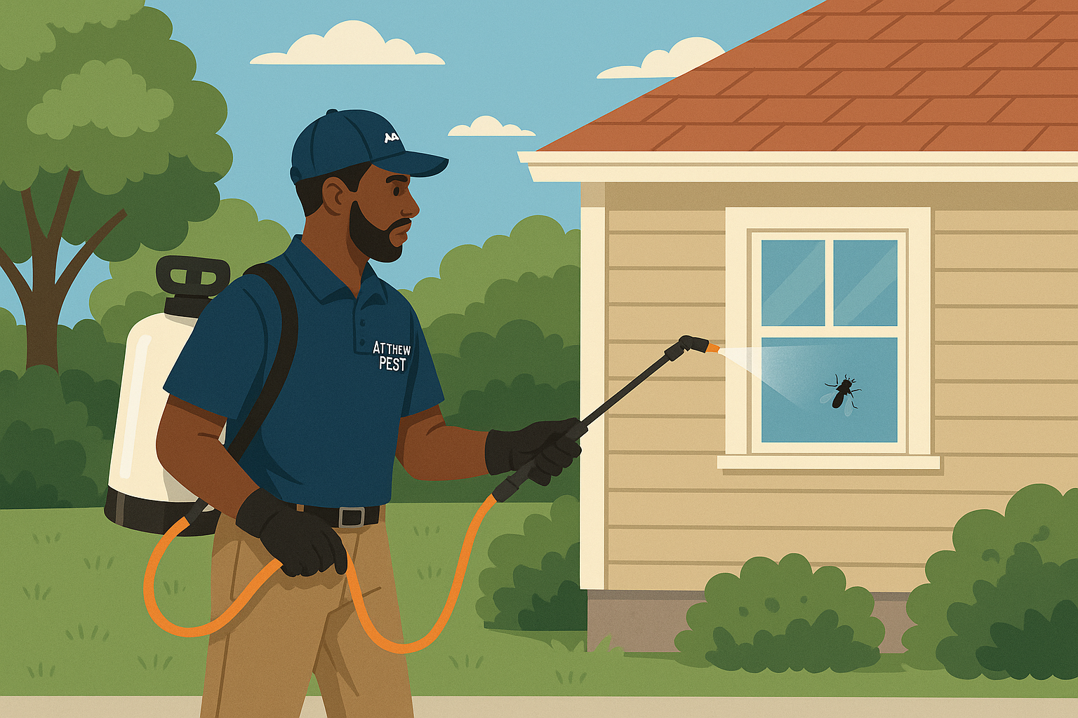 Illustration of a technician applying exterior spray for house flies