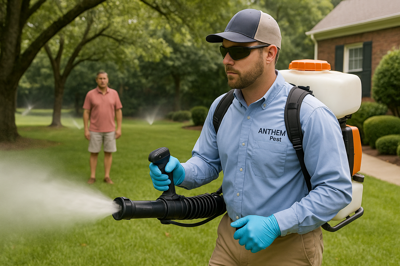 How much does mosquito control cost in Lawrenceville, Georgia? 3 Technician applying mosquito control spray to a residential yard