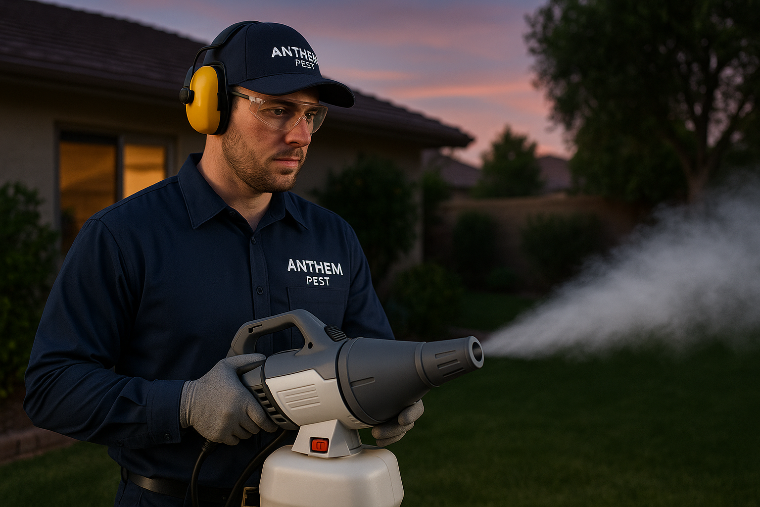 Technician applying a fogger to treat gnats in a yard