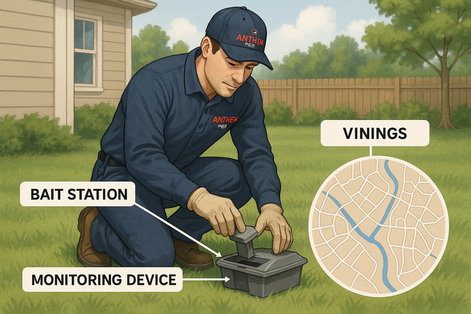 Technician installing termite bait stations around a home foundation