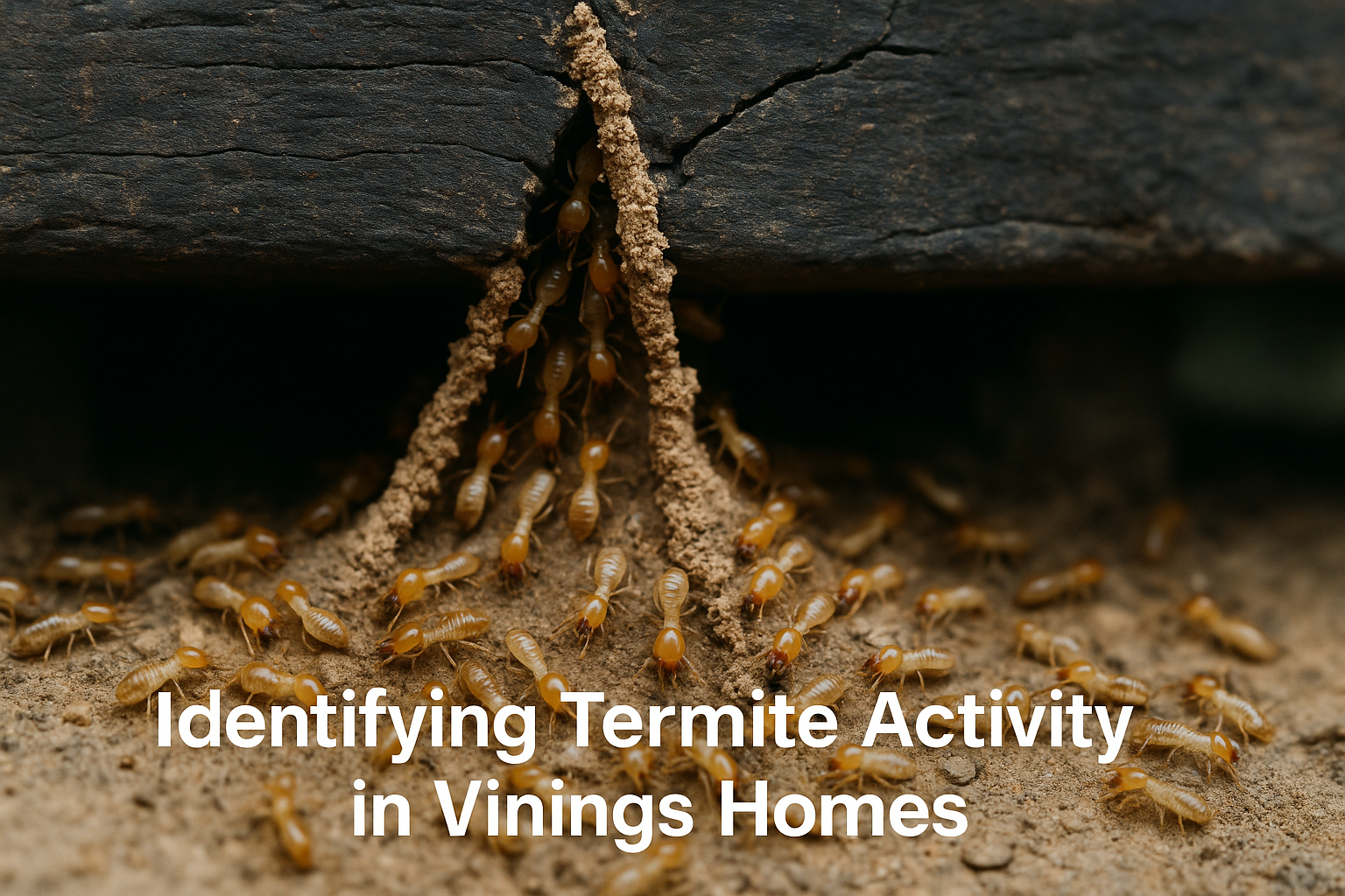 Macro photograph of a termite swarm emerging from a cracked joist