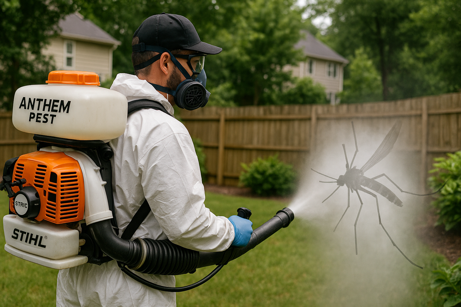 Illustration of professional mosquito control methods in a suburban yard