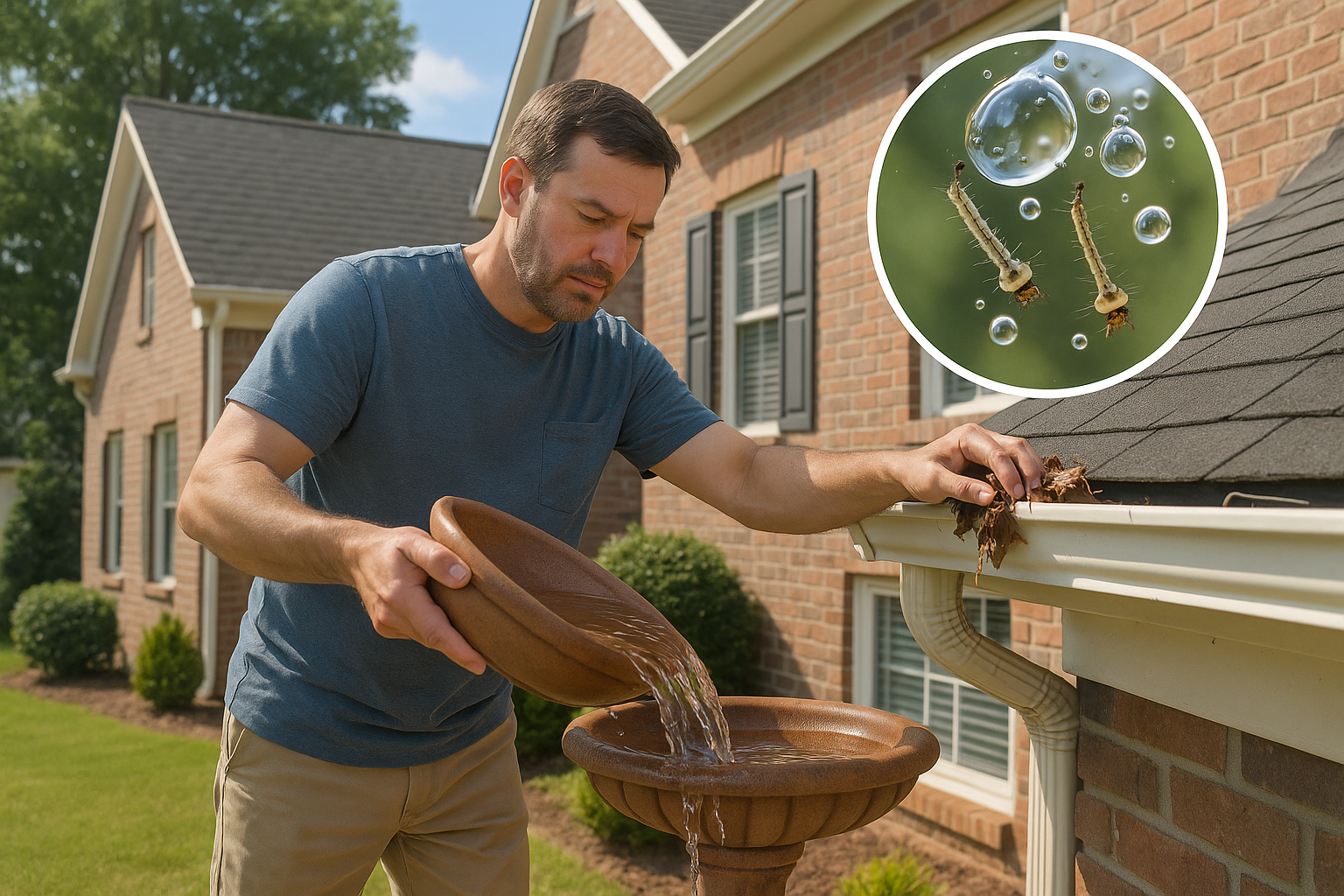 Illustration of a homeowner inspecting their yard for standing water