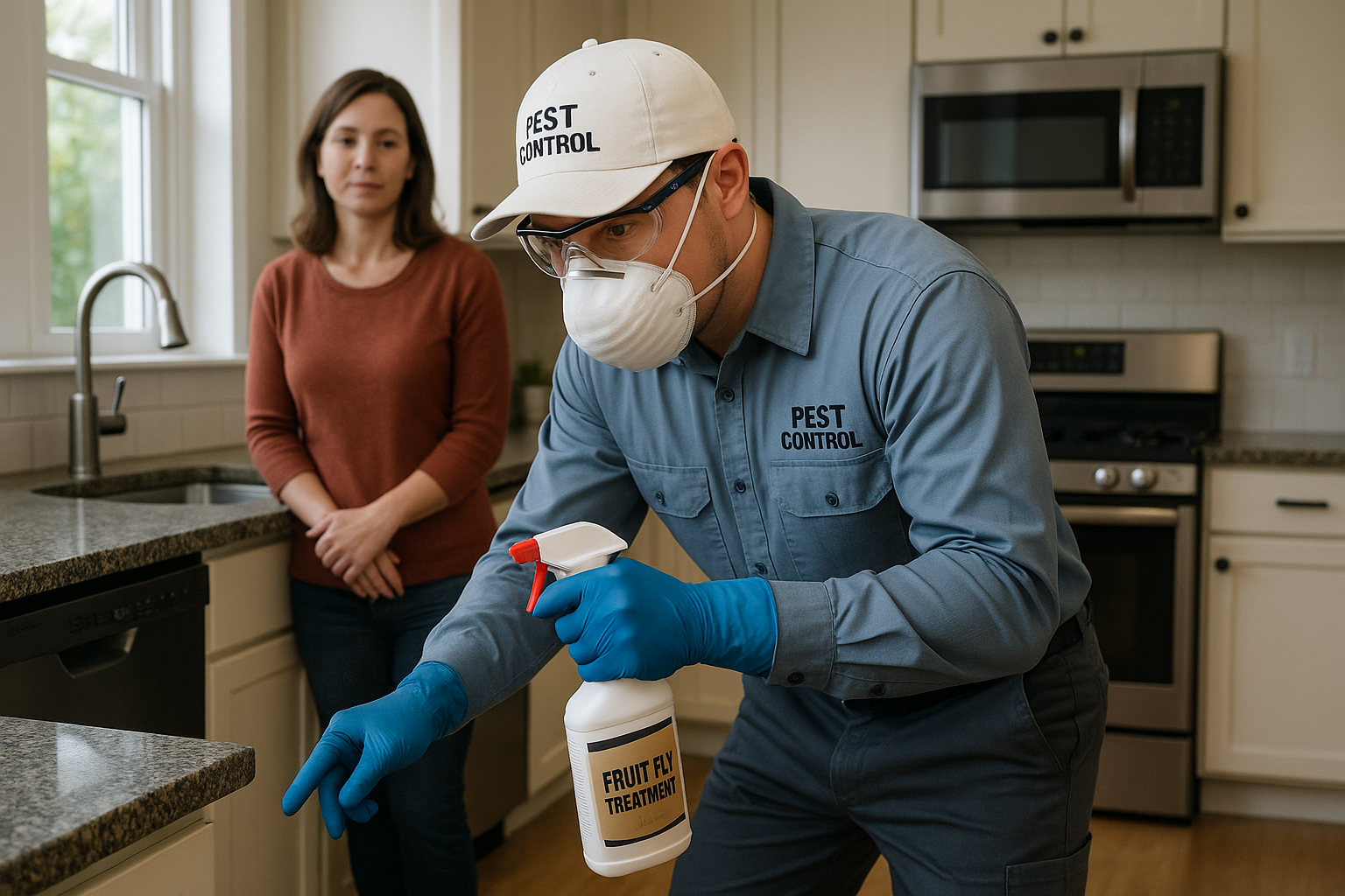 Anthem Pest technician applying fruit fly treatment in a kitchen
