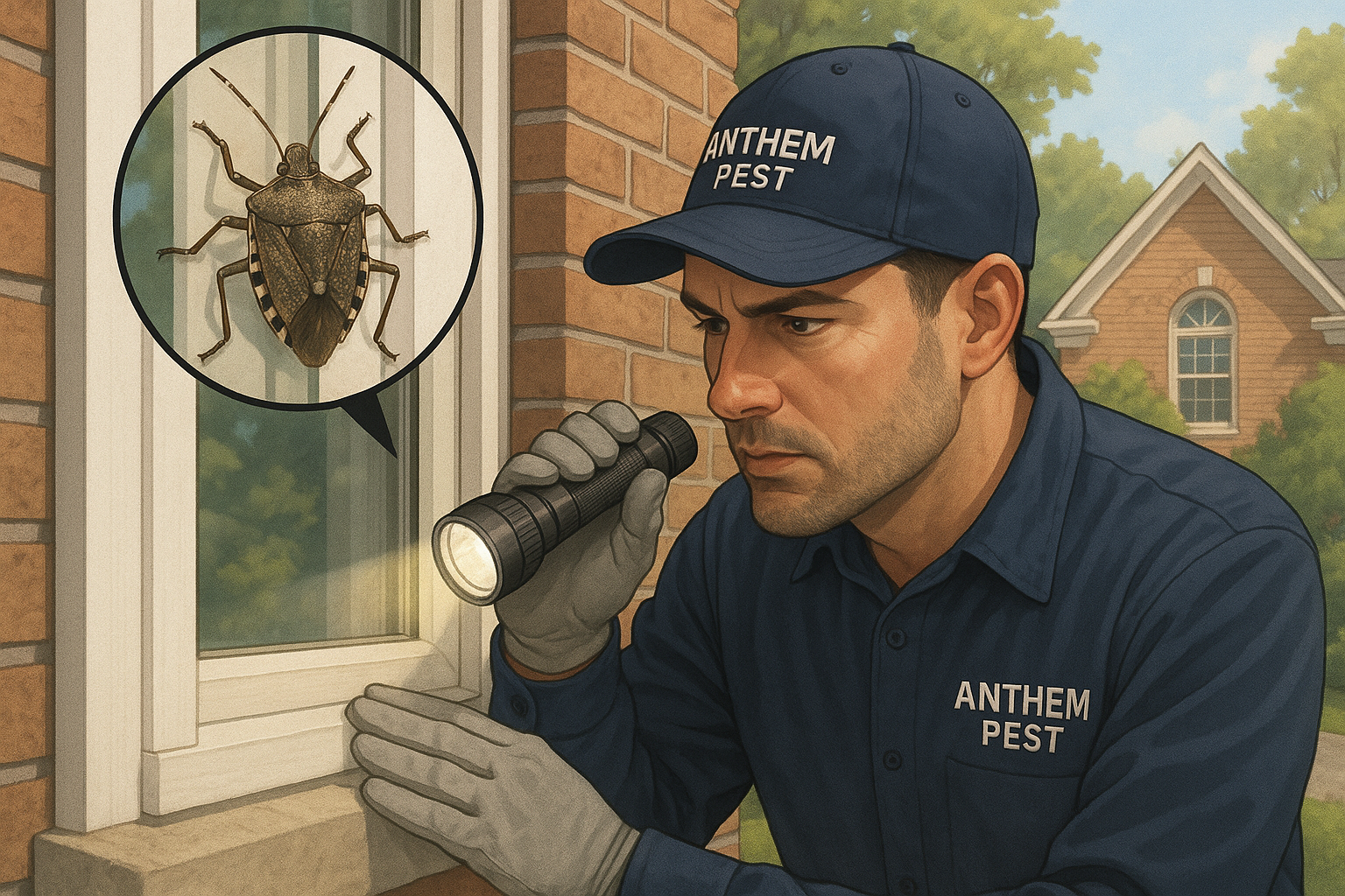 Technician using UV light to detect stink bugs behind siding