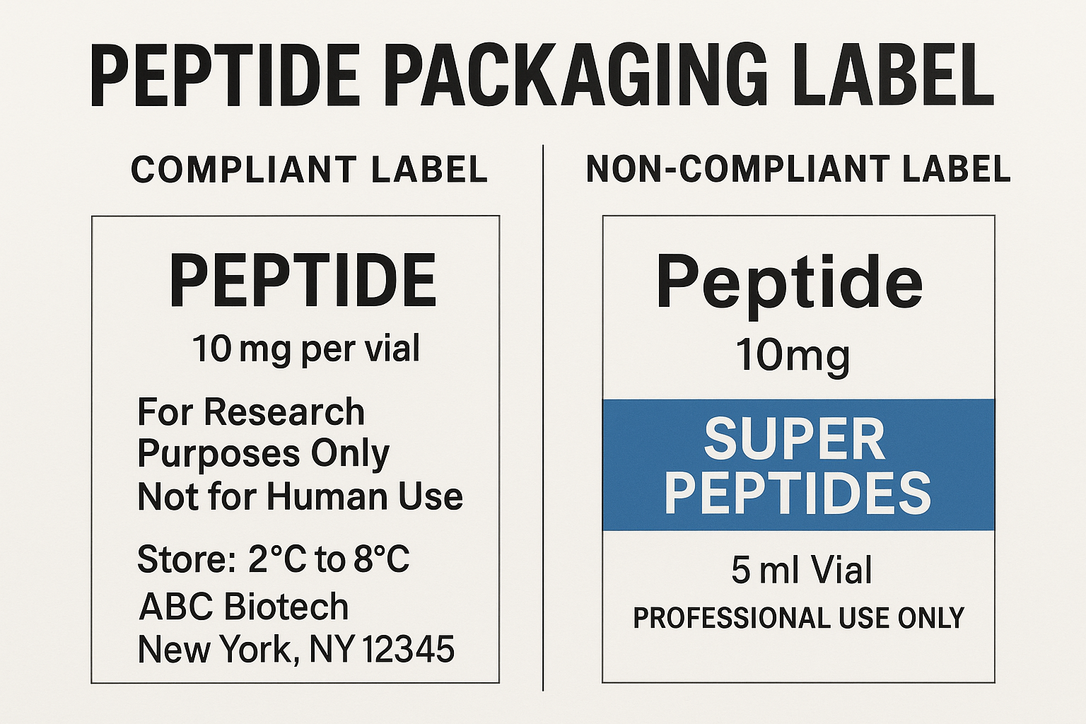 Side‑by‑side comparison of a non‑compliant peptide label and a compliant RUO label