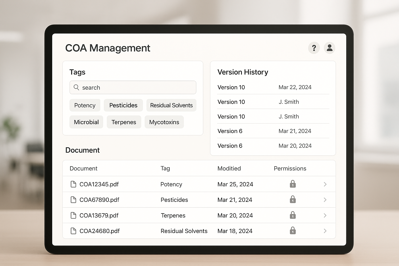 Dashboard mockup showing COA filters, version history, and user role icons
