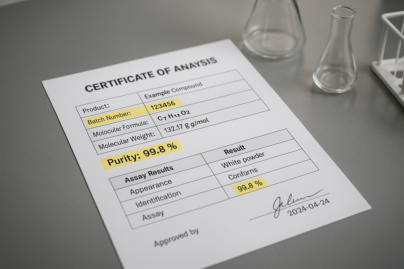 Annotated Certificate of Analysis highlighting key sections