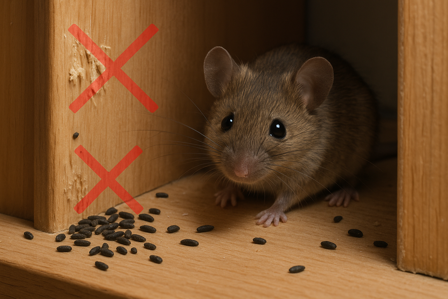 Mouse inside a kitchen cabinet, illustrating a common infestation spot