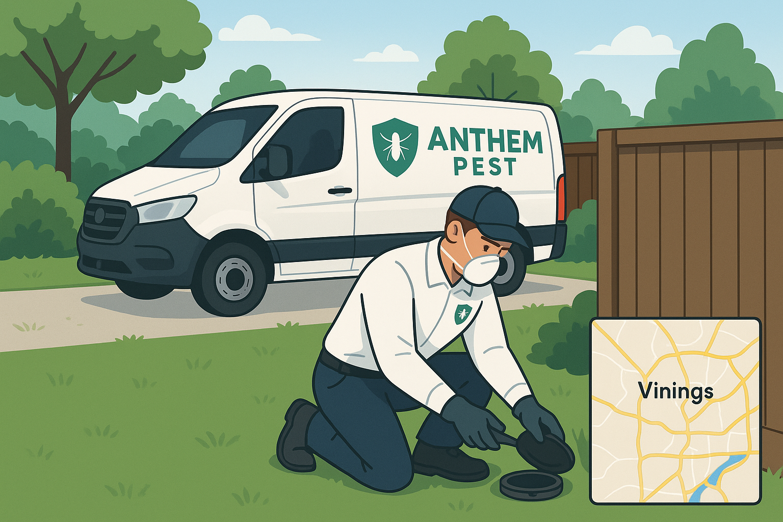 Certified technician applying a bait station in a Vinings backyard