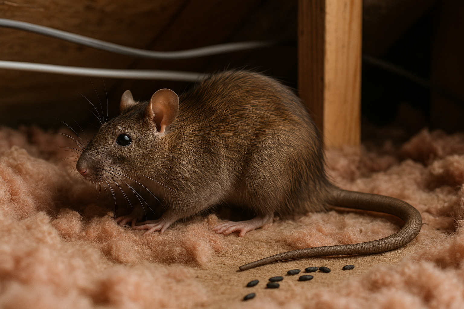 Typical rat droppings and gnaw marks on a home interior