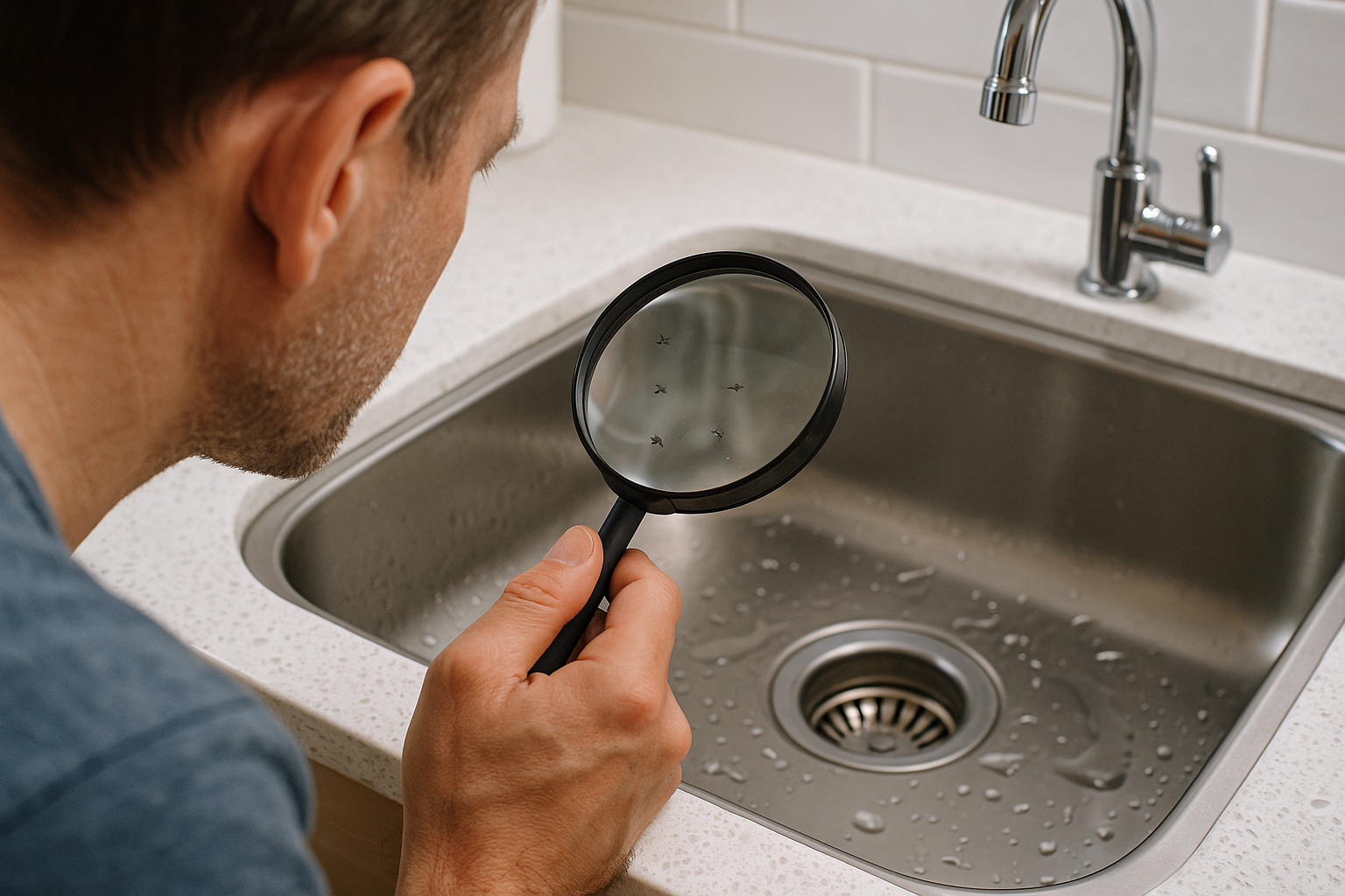 Homeowner inspecting a kitchen sink drain for gnat breeding signs