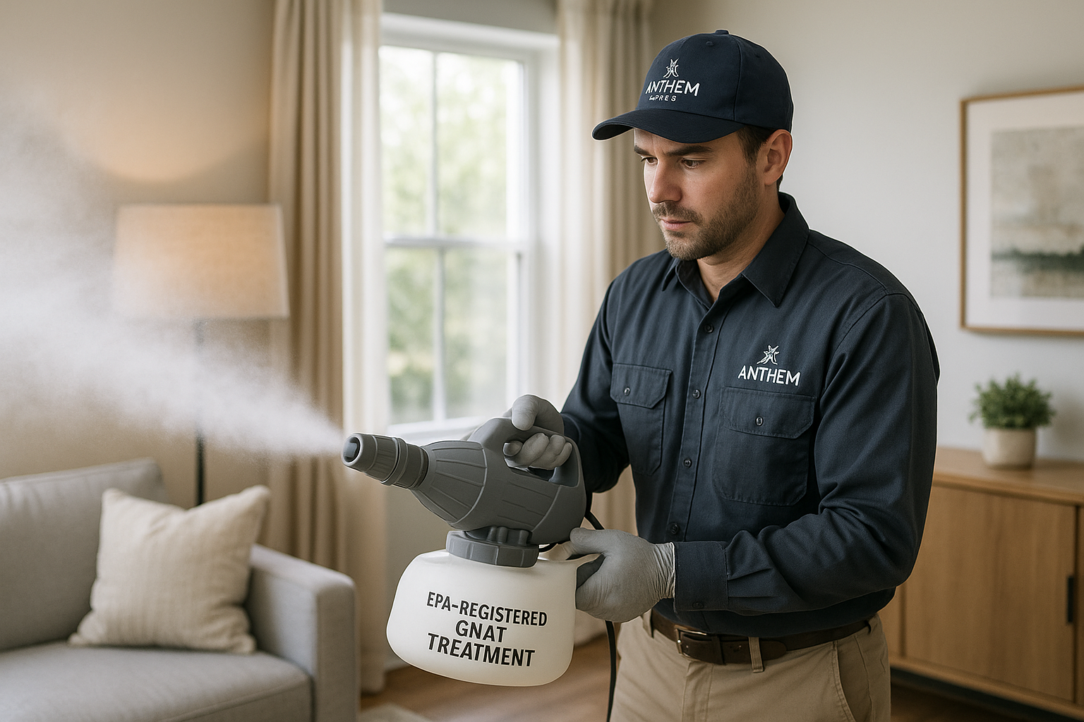 Technician applying indoor fogger in a living room during emergency gnat treatment