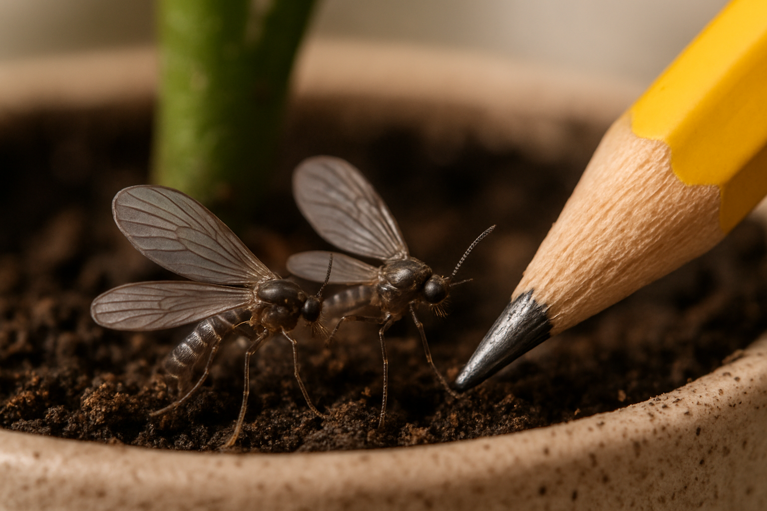 Close‑up view of a fungus gnat hovering near a potted fern