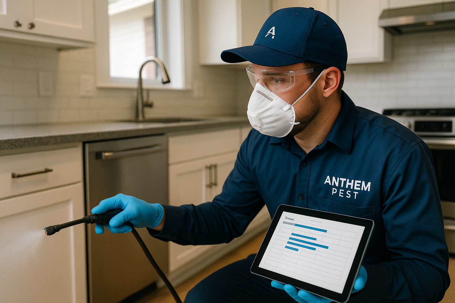 Technician applying fast‑acting gnat spray in a Brookhaven home