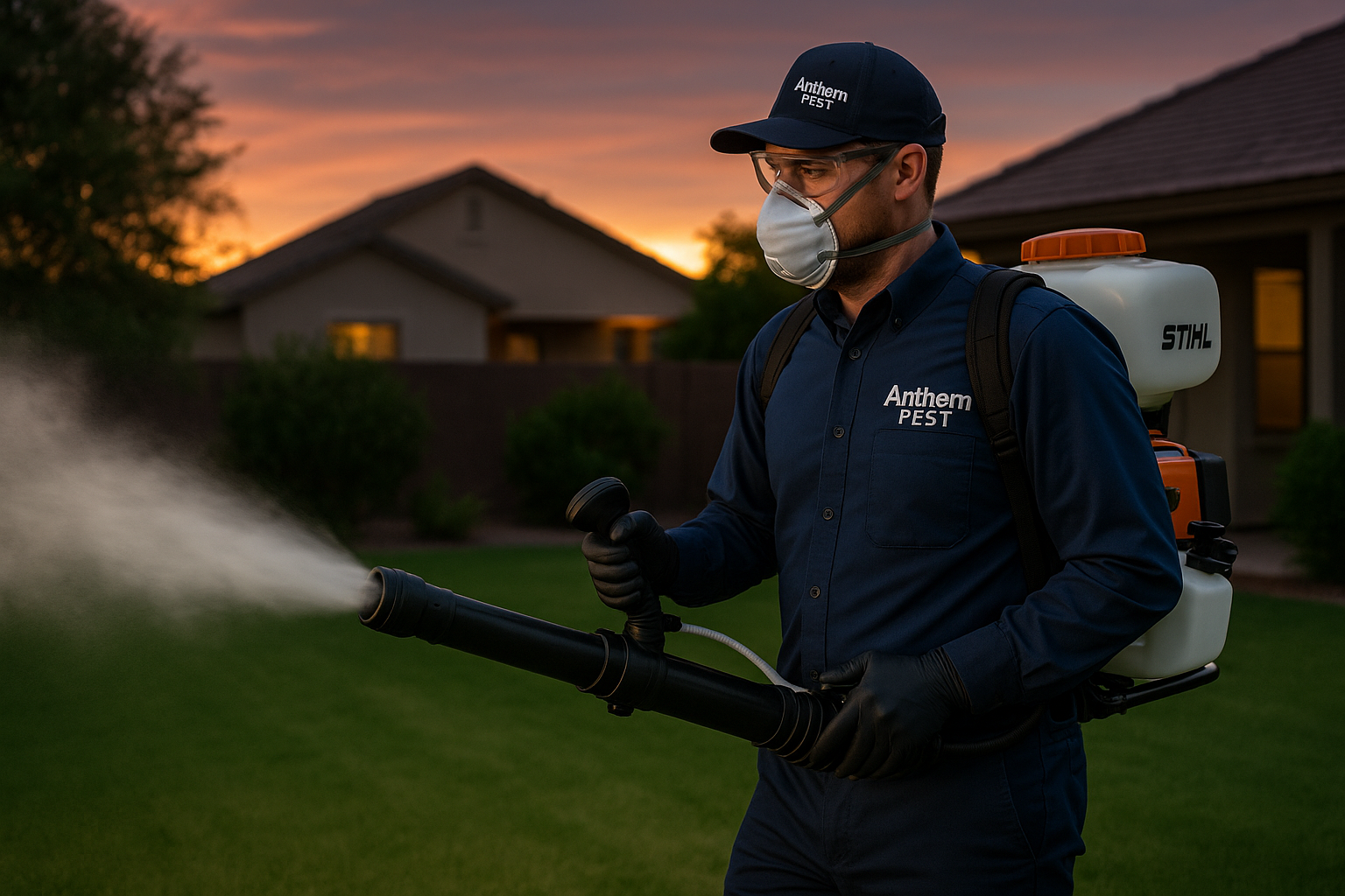 Anthem Pest technician applying mosquito treatment to a backyard in Dunwoody, GA