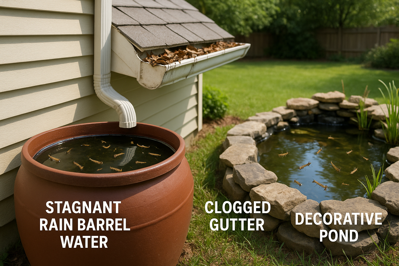 Homeowner checking and draining standing water containers on a sunny day