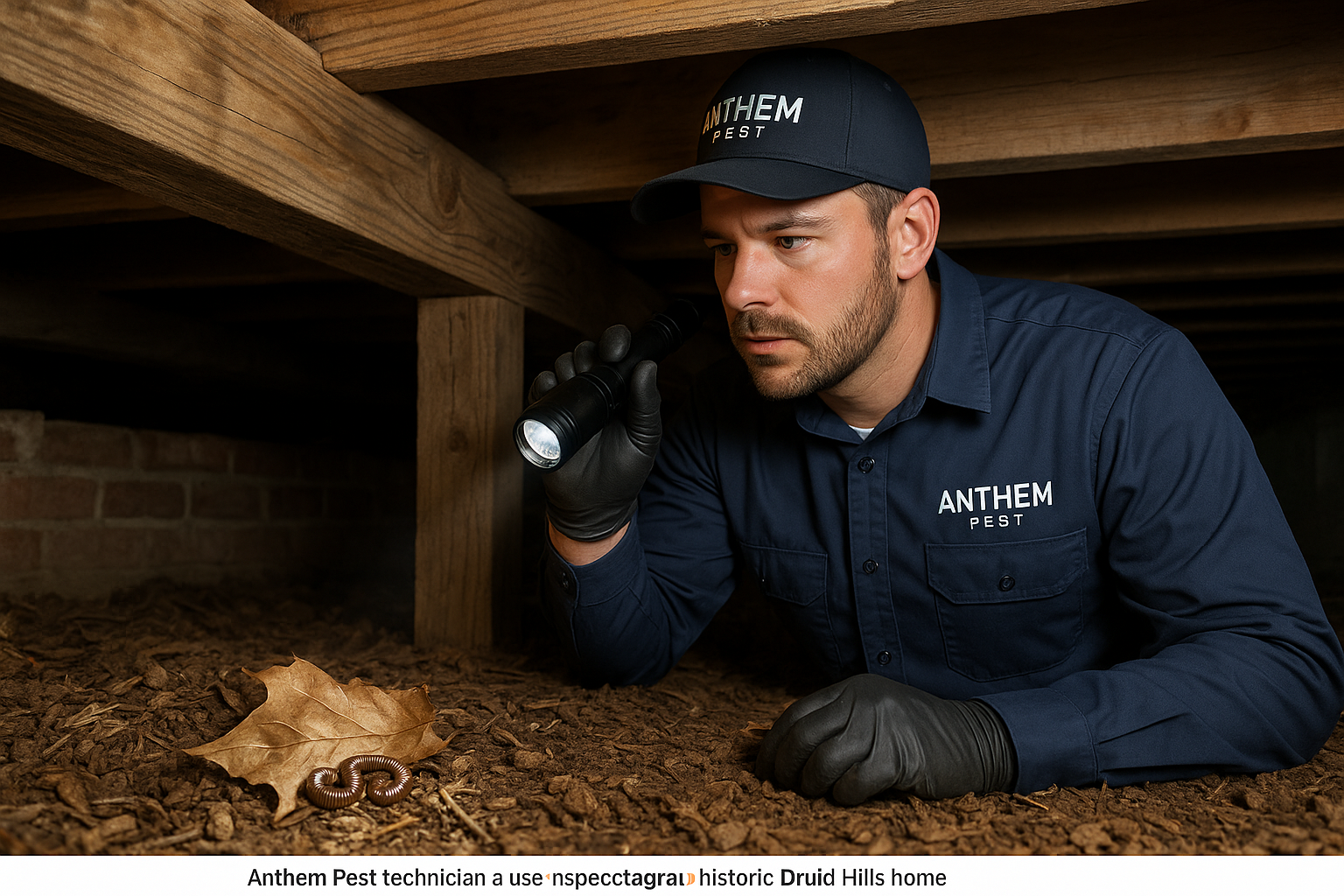 Technician performing a millipede inspection in a Druid Hills home