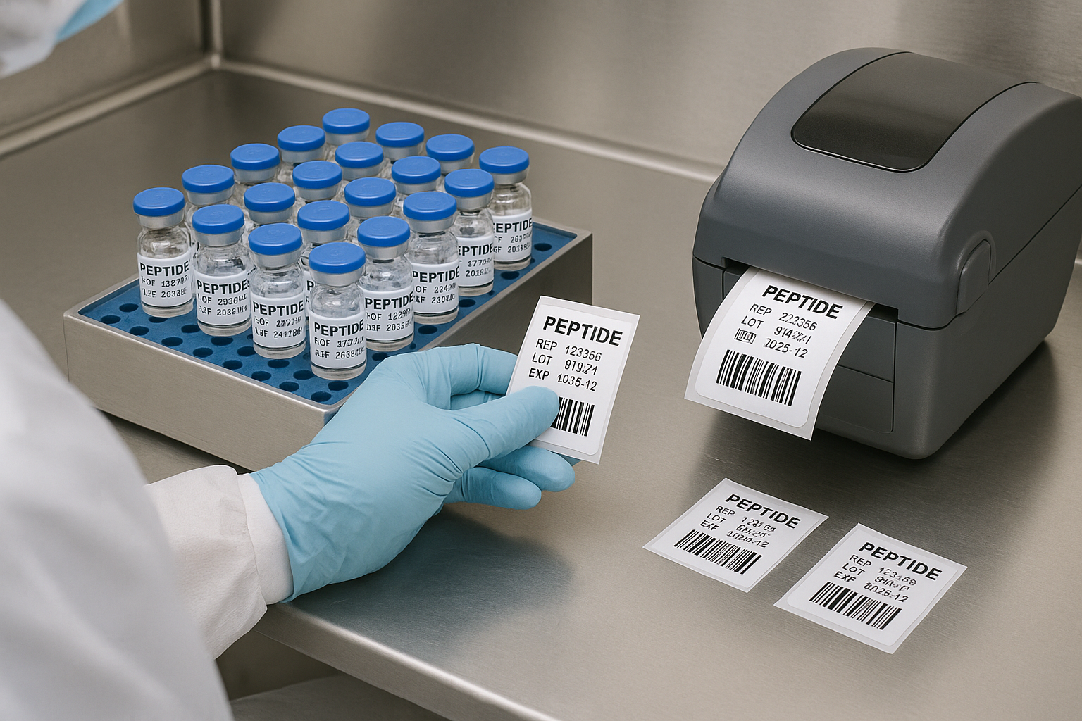 Sample peptide label layout with barcode and QR code