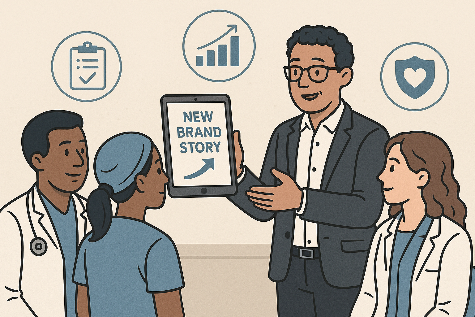 Compliance icons and growth chart integrated into a brand story slide