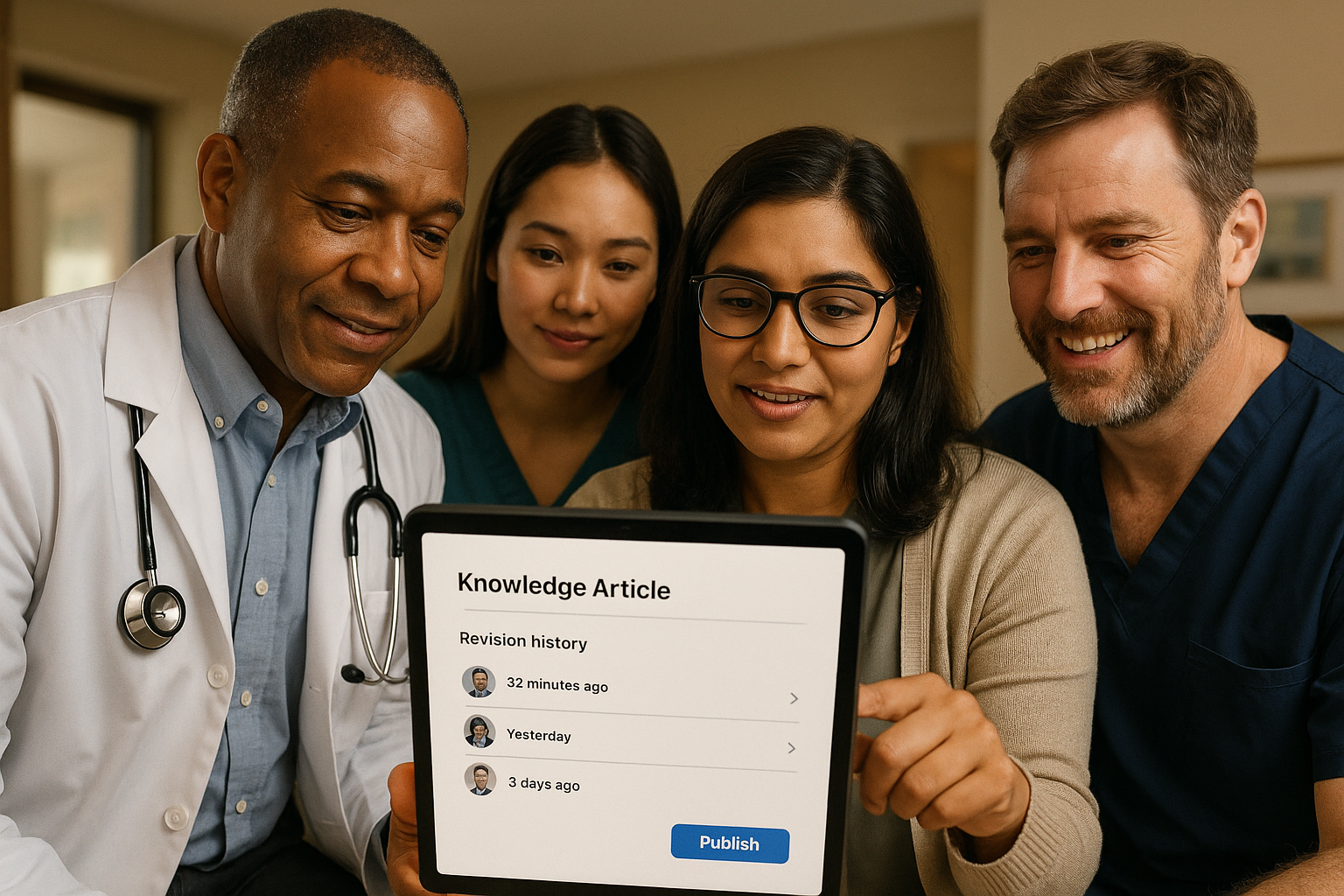 Clinic team collaborating on a tablet to edit a knowledge‑base article