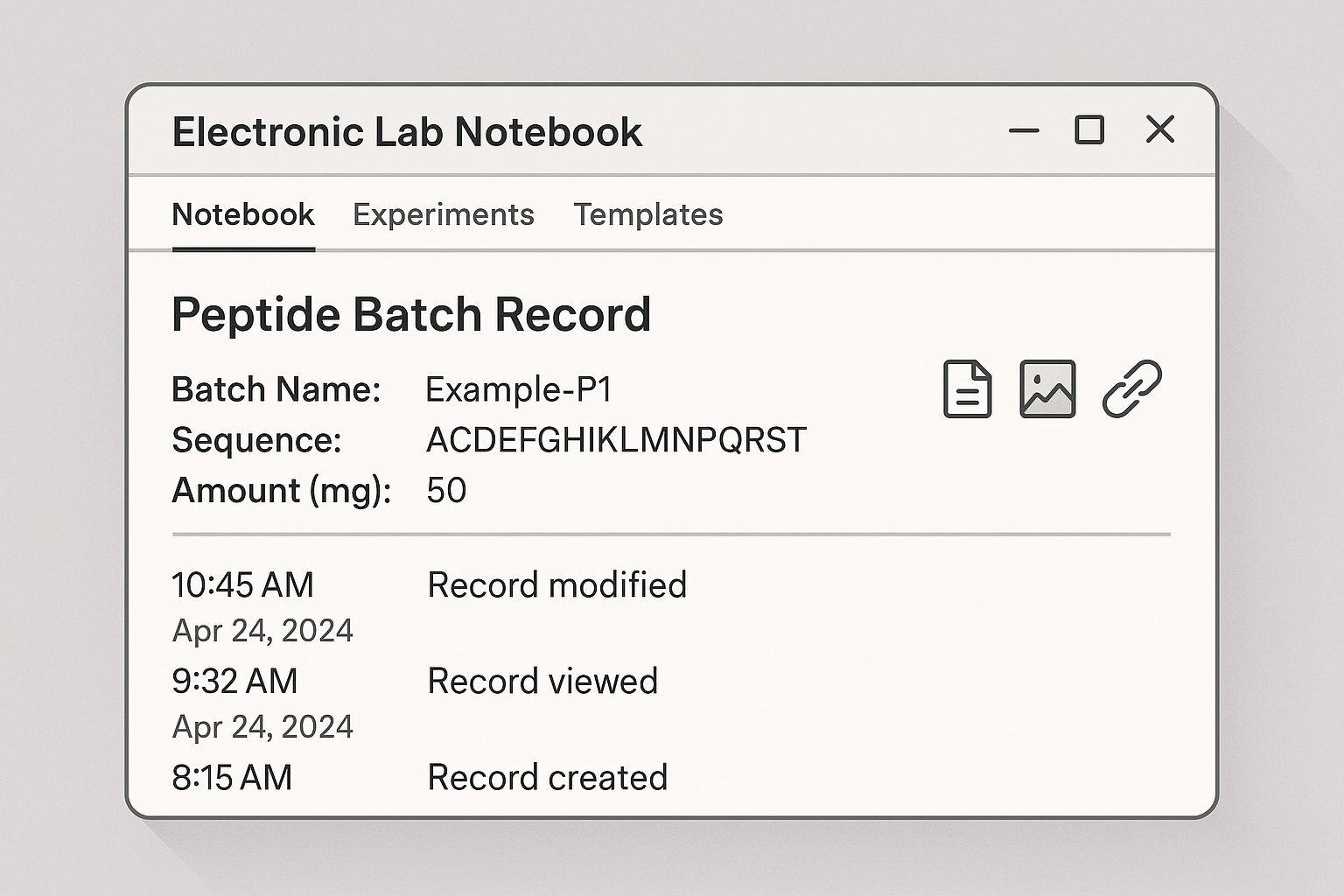 ELN peptide batch record interface showing fields, audit‑trail icons, and attachment workflow