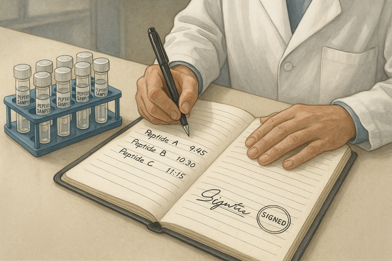 Handwritten lab notebook page beside peptide vials
