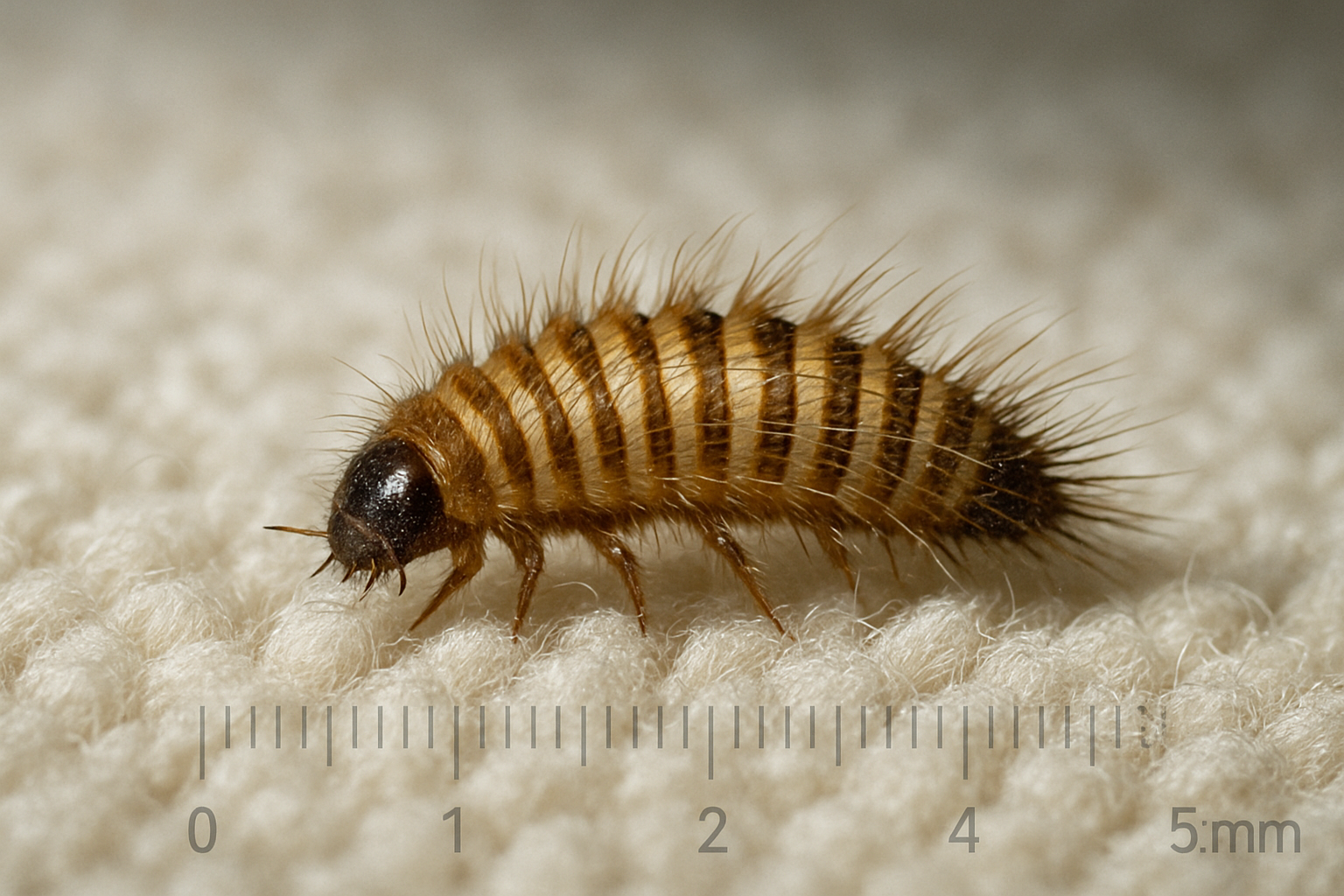 Macro illustration of a carpet beetle larva on a light-colored carpet
