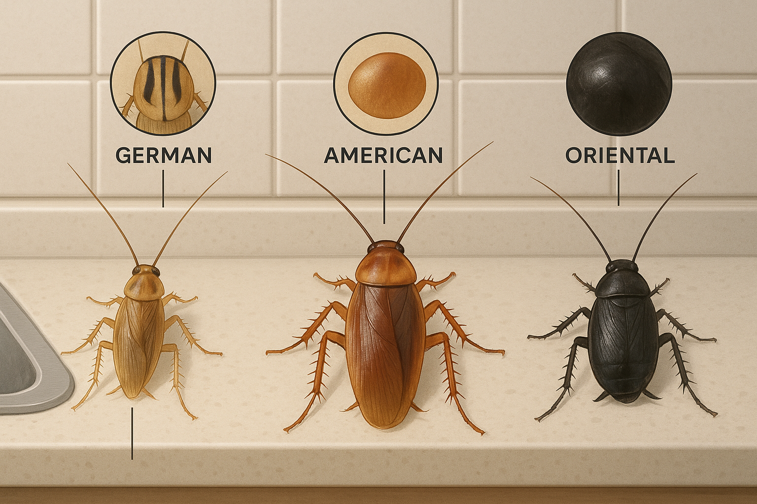 Top-Rated Cockroach Control in Vinings, Georgia: Cost, Treatment & Tips 3 Illustration labeling German, American, and Oriental cockroach species found in Vinings