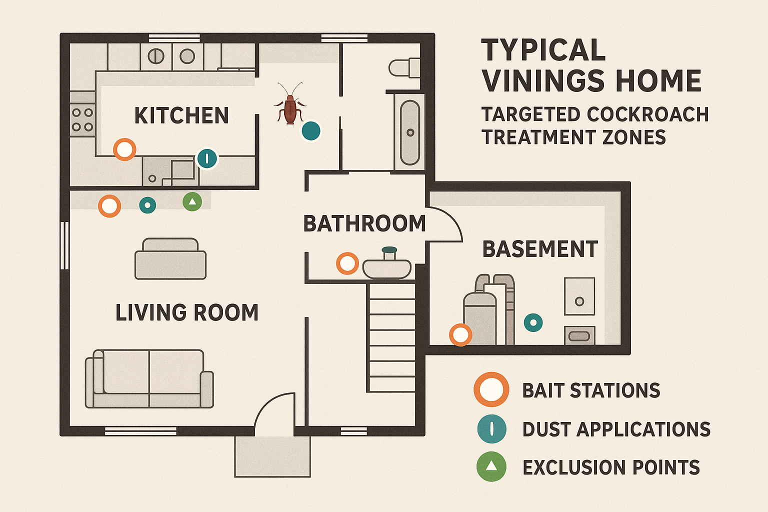 Floor‑plan diagram showing treatment zones and method icons