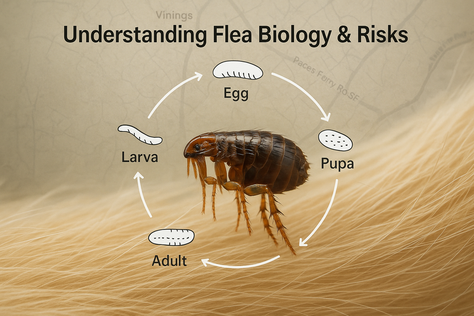 Close‑up view of an adult flea showing its dark brown body and long hind legs