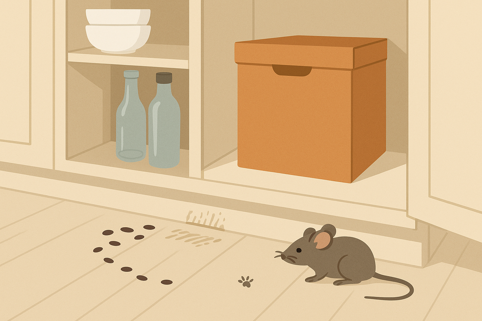 Emergency Mouse Control in Dunwoody, Georgia: What to Do Right Now 3 Kitchen cabinet interior showing mouse droppings and gnaw marks