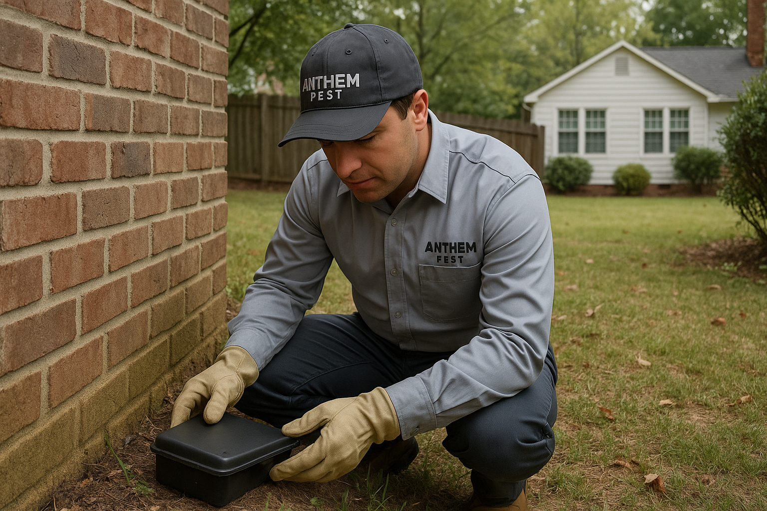 Emergency Mouse Control in Dunwoody, Georgia: What to Do Right Now 4 Anthem Pest technician applying a low-toxicity bait station