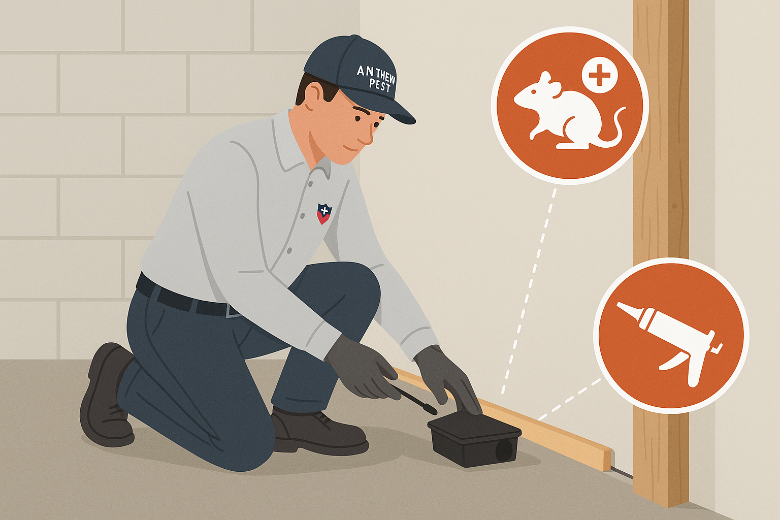 Technician inspecting a home for rodent entry points