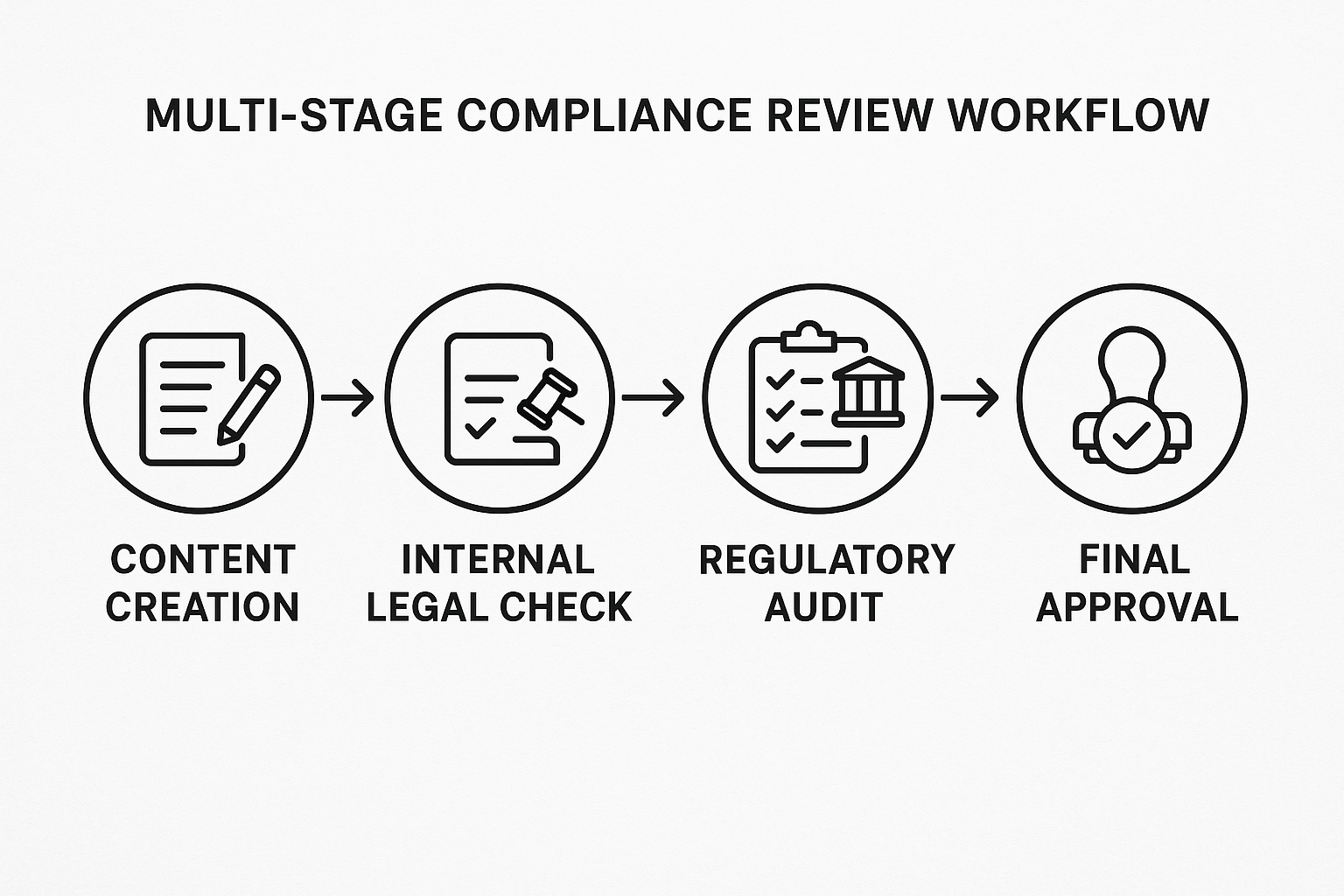 Multi‑stage compliance review workflow diagram showing content creation, legal check, regulatory audit, and final approval steps