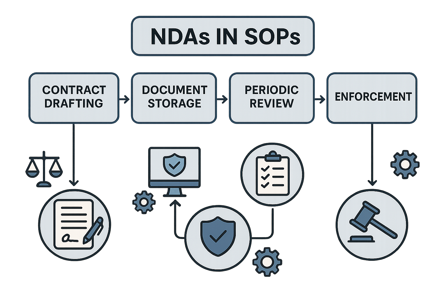 Flowchart showing NDA creation, approval, storage, review, and enforcement steps within SOPs
