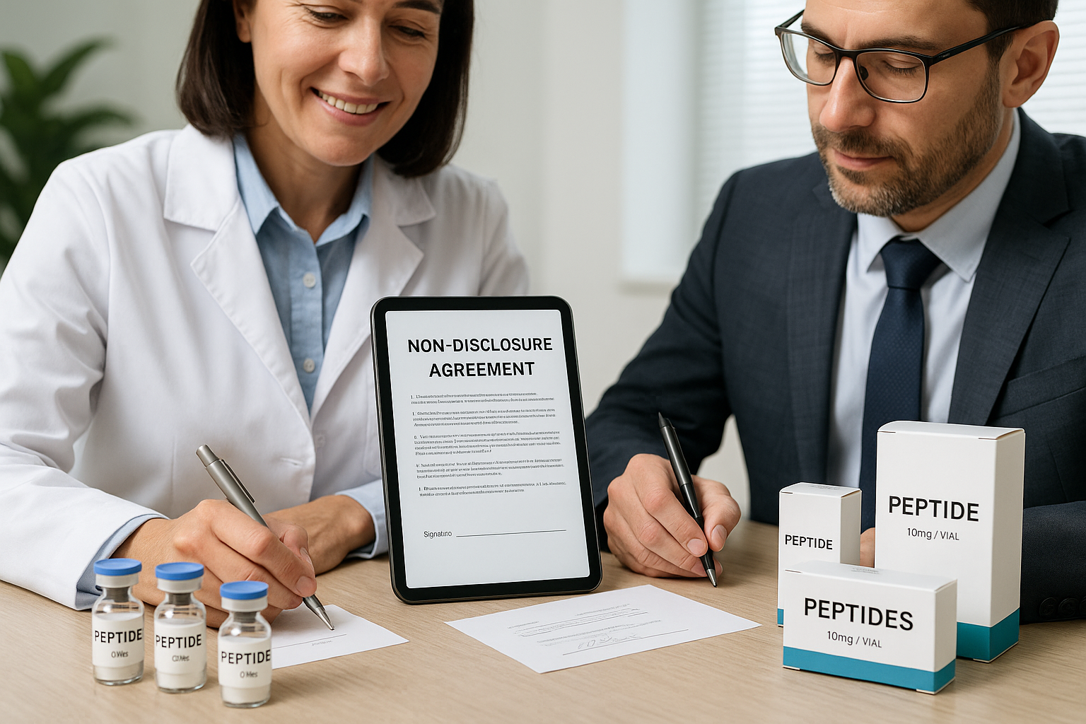 Executive signing an electronic NDA with a peptide supplier