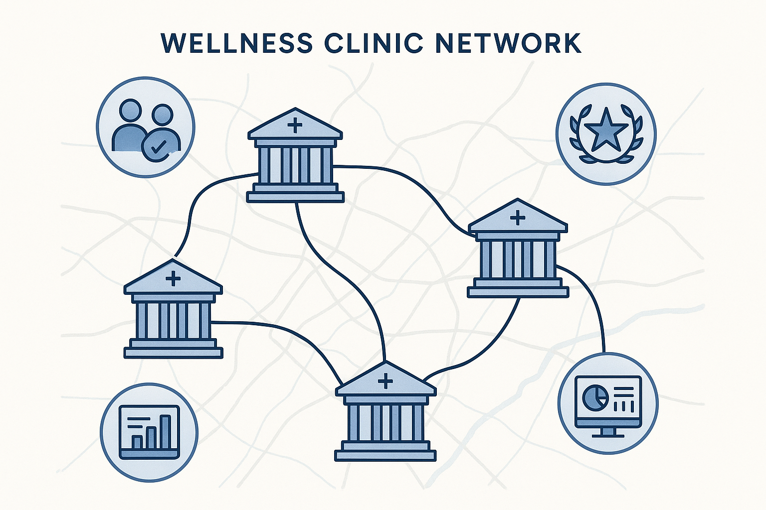 Illustration of a multi-location clinic network map with badge icons