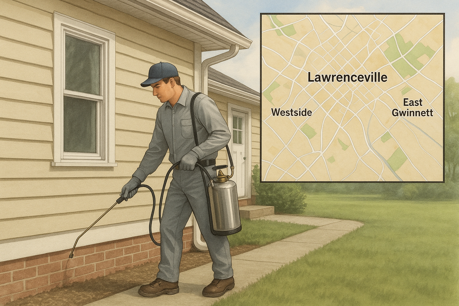 Licensed technician applying a perimeter cricket treatment in a suburban neighborhood