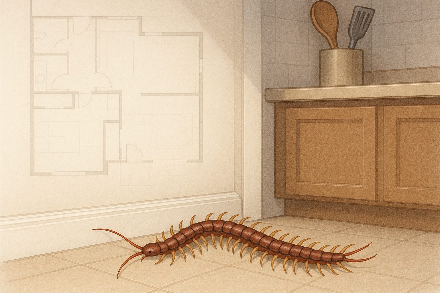 Centipede crawling in a kitchen corner with a floorplan overlay